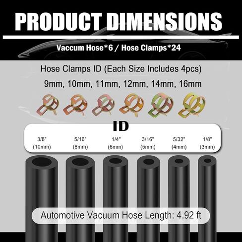 6PCS 5Ft Silicone Vacuum Hose Automotive Set,Vacuum Line Kit Includes ID 1/8" 5/32" 3/16" 1/4" 5/16" 3/8" Hose & Vacuums Hoses Connector & Clamps,Essential Vacuums Lines Automotive in Kuwait