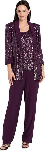R&M Richards Women's 3-Piece Sequin Pant Suit - Tuxedo Style Jacket W/Satin Trim, Matching Cami & Formal Trousers in Saudi Arabia
