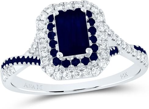 Jewels By Lux 14kt White Gold 1/5 Cttw Diamond Ana M and 1/5 Cttw Round Blue Sapphire 6x4mm Emerald Blue Sapphire Natural Gem Double Halo Wedding Engagement Anniversary Bridal Ring, Women Size: 5-9 in Saudi Arabia
