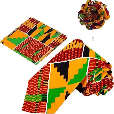African Ties Set Men Kente Necktie Handkerchief Brooch Classic Formal Pocket Square Neck Ties in Saudi Arabia