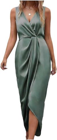 Womens Elegant Satin Dress V Neck Sleeveless Wrap Cocktail Ruched Midi Dresses Wedding Guest Asymmetrical Clothes in Saudi Arabia