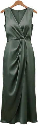 Womens Elegant Satin Dress V Neck Sleeveless Wrap Cocktail Ruched Midi Dresses Wedding Guest Asymmetrical Clothes in Saudi Arabia