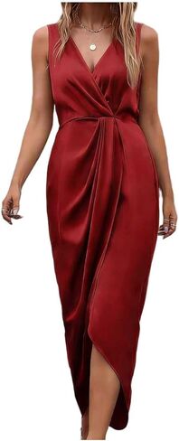 Womens Elegant Satin Dress V Neck Sleeveless Wrap Cocktail Ruched Midi Dresses Wedding Guest Asymmetrical Clothes in Saudi Arabia