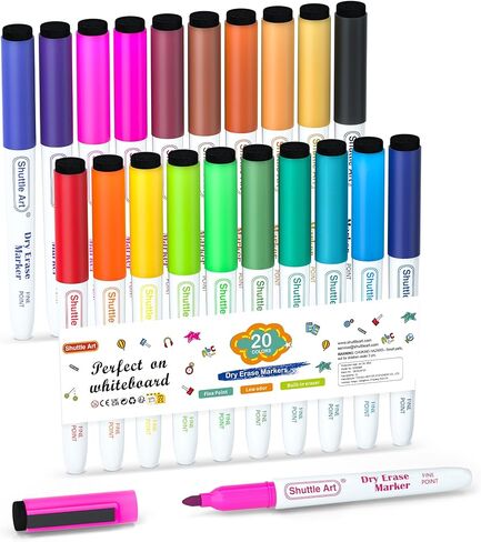 Shuttle Art Magnetic Whiteboard Markers, 20 Pieces Fine Tip and Eraser, Dry Erase Whiteboard Markers, for Writing on Whiteboards, Weekly Planner, Glass for School Office Home in Kuwait