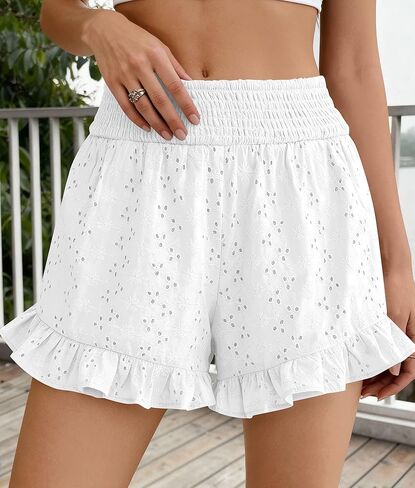 PRETTYGARDEN شورت للنساء صيف 2026 ملابس عطلة الشاطئ الربيع مرونة الخصر مطرزة شورتات مكشكشة مع جيوب in Kuwait