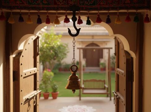 Brass Hanging Bell with Chain, Decorative Brass Bell, Traditional Pooja Bell for Mandir and Meditation, Pack of 2- (3 Inch) in Saudi Arabia