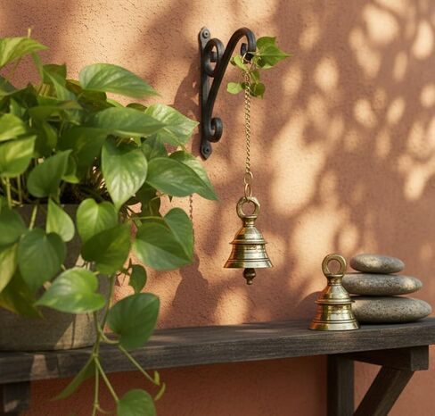 Brass Hanging Bell with Chain, Decorative Brass Bell, Traditional Pooja Bell for Mandir and Meditation, Pack of 2- (3 Inch) in Saudi Arabia
