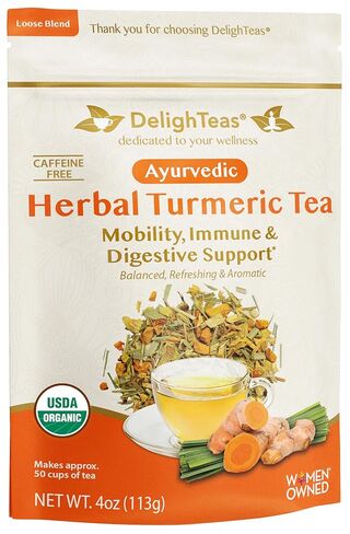 شاي الزنجبيل والكركم العضوي من DelightTeas | شاي الكركم العشبي ذو الأوراق الفضفاضة من الأيورفيدا لدعم المفاصل والمناعة والجهاز الهضمي | غير معدل وراثيًا، خالي من الكافيين، غير محلى | 75 حصة، 6 أونصة. in Kuwait