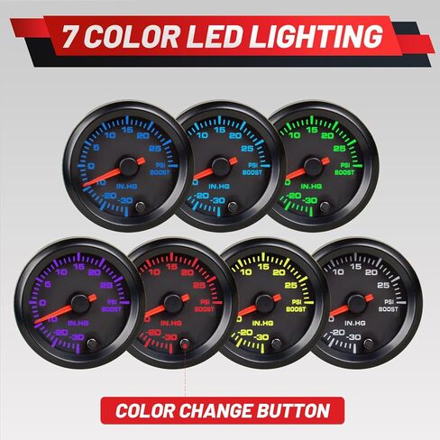 Turbo Boost/Vacuum Gauge Kit 7 Color 30 PSI 2-1/16" 52mm Includes Mechanical Hose T-Fitting & Wiring for Car Truck in Saudi Arabia