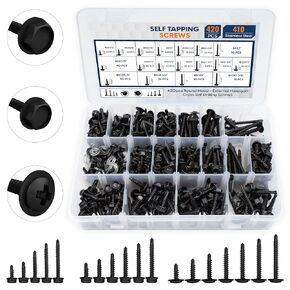 420 Pcs Black Self Drilling Screws – 410 Stainless Steel Self Tapping Screws for Metal — 1/2" to 2" Black Sheet Metal Screws, 8#10 Phillips Wafer & Hex Washer Screws for Metal, Wood, and Plastic