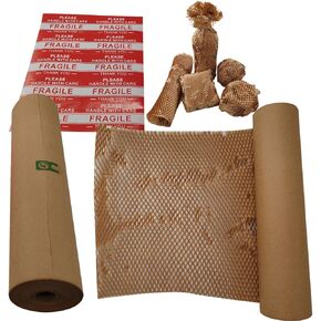 Eco-Friendly Honeycomb Packing Paper Roll - 15" x 166' Recyclable Kraft Cushioning Wrap for Packaging & Moving with 10 Fragile Stickers