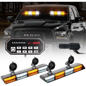 aspl 2x16.8 بوصة مستشار المرور أضواء الطوارئ القوية مع التحكم 48led وامض تحذير شريط ضوء الزجاج الأمامي الداخلي مع 4 أكواب شفط فراغ داش LED للشاحنات والمركبات (العنبر / الأبيض)
