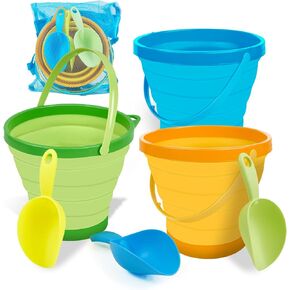 HmiL-U Collapsible Beach Bucket Set - 3pcs Sand Buckets with Shovels for Kids, Portable Beach Toys with Mesh Backpack for Beach, Camping, and Outdoor Fun