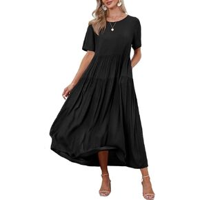 فستان YESNO نسائي فضفاض بوهيمي منقوش عليه زهور مع جيوب وأكمام قصيرة وطويلة للصيف فساتين سوينغ للشاطئ 3XL EJF الصلبة P أسود in Kuwait