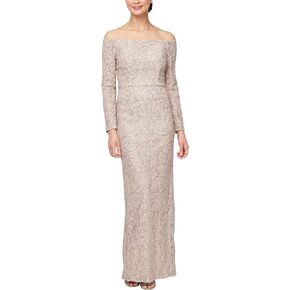 Alex Evenings Women's Long ¾ Sleeve Off The Shoulder Elegant Mother of The Bride Dress