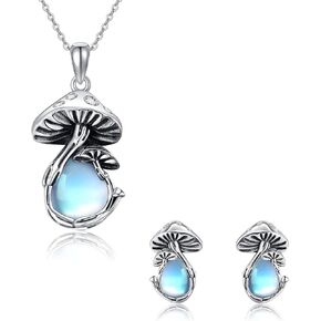 YAFEINI Mushroom Necklace and Earrings Sterling Silver Mushroom Jewelry Set