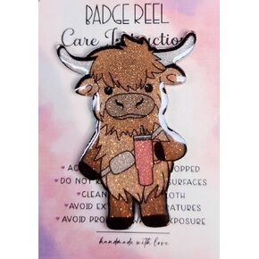 Cute Highland Cow Badge Reel, Glittery Badge Reel, Interchangeable Badge Reel, Cute Retractable Badge Reel (Topper with Belt Clip Badge Reel)