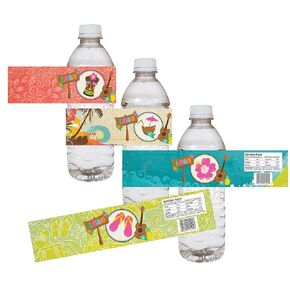 Luau Party Water Bottle Labels by Adore By Nat - Summer Tiki Aloha Hawaii Tropical Island Drink Stickers - Set of 12