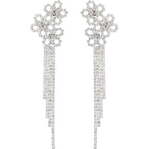 SWEETV Flower Wedding Earrings for Brides, Crystal Bridal Earrings, Silver Rhinestone Tassel Dangle Drop Earrings for Women, Mothers Day Gifts Prom Dressy Jewerly