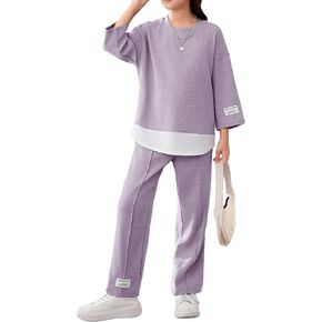 WDIRARA Girl's 2 Piece Outfits Sets Colorblock Patched Tee Drop Shoulder T Shirts & Straight Leg Pants