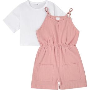 FOCICI Girls' Jumpsuits & Rompers Strap Adjustable Sleeveless+T-Shirt Summer Outfits with Side Pockets 2 Piece Set 7-14 Years