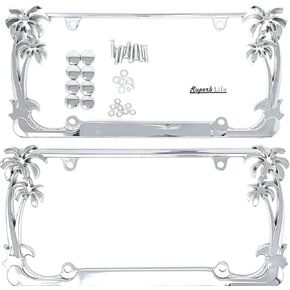 Tropical Palm Tree Chrome Polished License Plate Frame (2 Frames) with Screws Caps by Superb LNF (Black)