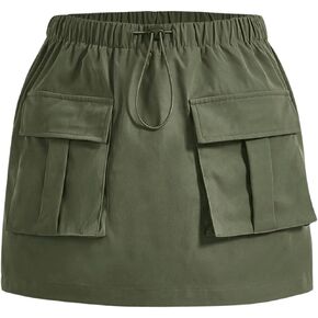 Verdusa Girl's Drawstring Elastic Waist Flap Pocket Straight Cargo Mini Skirt