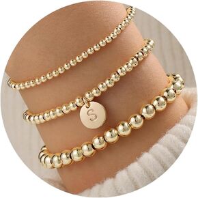 Turandoss Gold Bracelets for Women Girls - Dainty 14K Gold Plated Stackable Beaded Bracelets for Women Trendy, Gold Beaded Stacking Monogram Bracelet, Gold Jewelry Gifts for Women Girls