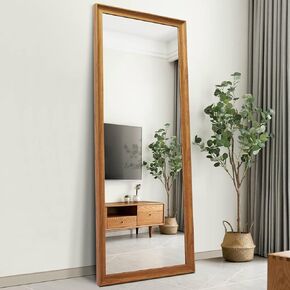 Full Length Mirror Wood Frame, 65×22in Floor Mirror Full Body Mirror with Standing Holder Hanging Wall Mirror, Stand Large HD Mirror, Dressing Mirror for Bedroom/Living Room, Dark Wood