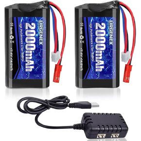 URGENEX 2000mAh 7.4 V Li-ion Battery with JST Plug 2S Rechargeable RC Battery with 1 to 2 USB Charger Fit for RC Helicopter Car Truck and RC Boats