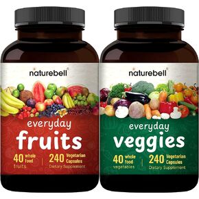 NatureBell Everyday Fruits and Vegetables Supplements, 480 Total Vegetarian Capsules | 40 Whole Fruit and 40 Whole Veggie Set – Fresh Superfood Formula with Vitamins and Minerals – Vegan, Non-GMO