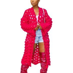 KEOMUD Women's Crochet Long Cardigan Casual Long Sleeve Loose Hollow Out Knit Open Front Sweater