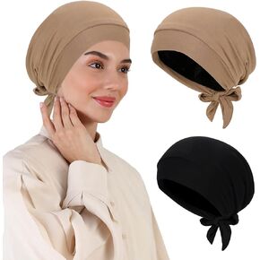 XEPST 2 PCS Hijab Undercap for Women, Islamic Muslim Under Hijab Cap Satin Lined Undercap Tie Back Bonnet Inner Head Scarf Head Wraps Hair Turbans for Women Chemo Headwear Sleep Cap, Black+Khaki