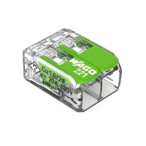 221-422 | WAGO Splicing Connector Green Range | for Solid, Stranded and fine-Stranded Conductors | 2-Conductor with levers | 24-12 AWG | Transparent housing | [100 Pieces]