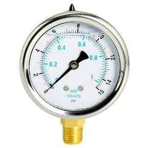 Taisher Liquid Filled Pressure Gauge, 0-30psi/kpa, 304 Stainless Steel Case, 1/4"NPT Lower Mount