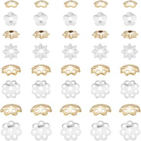 PH PandaHall 160pcs 14K Gold Flower Bead Caps, 4 Shapes Bead End Caps Brass Filigree Metal Spacer Beads Caps End Charm Caps for DIY Earrings Bracekets Necklace Jewelry Craft Making, Golden/Silver