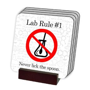 Lab Rules 4 Piece Cork-Back Coaster Set - Wood Holder Included