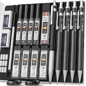 Nicpro Black Art Mechanical Pencil Set in Case, Metal Drafting Pencils 0.3, 0.5, 0.7, 0.9 & 2mm Graphite Lead Holders (2H HB 2B 4B Colored Lead) for Sketching Drawing with 9 Lead Refills, 2 Erasers