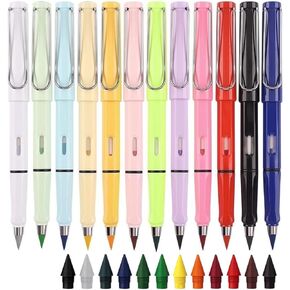 12pcs Inkless Eternal Colored Pencils with Erasers, Infinity Pencil Coloring Metal Pencils, Everlasting Pencil with Extra 12 Replaceable Heads Inkless Pencil for Sketch, Drawing, School Supplies.