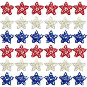 EBaokuup 36PCS 4th of July Natural Rattan Stars, 1.96 Inch Red White and Blue Wicker Rattan Stars for Independence Day Home Decor DIY Craft Vase Bowl Filler Table Decoration