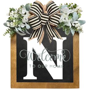 Last Name Year Round Front Door Wreath ，26 Letter Farmhouse Wreath Wooden Hanging Sign Door Decoration Wreath，All Seasons Wreath for Home Indoor Outdoor Decoration (W)