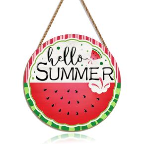 Hello Summer Watermelon Welcome Door Sign Front Door Decor Wall Hanging Decoration Summer Watermelon Hanging Door Sign Plaque Wood Door Hanger for Outdoor Porch Indoor 12in