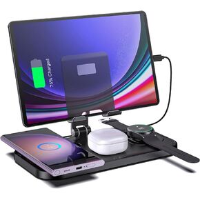 Wireless Charger for Samsung, 4 in 1 Charging Station for Samsung, Foldable Charging Stand for Galaxy S24 Ultra/S23/S22/S21/Note 20/Fold5/Flip5/Galaxy Watch 6/5/5Pro/4/3/Active 2/Buds/Android/Tablet