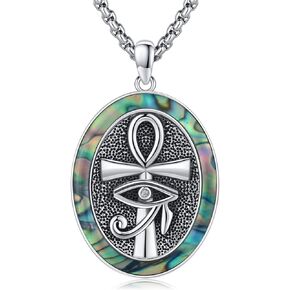 Abalone/Black Onyx/Turquoise/Malachite/Snake Ankh Necklace 925 Sterling Silver Ancient Egyptian Protection Jewelry Eye of Horus Pendant Punk Hip Hop Gifts for Men Women Father Boyfriends