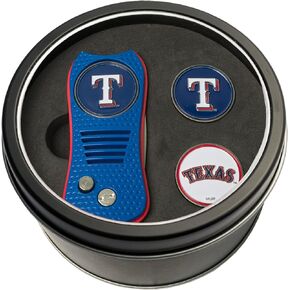 Team Golf MLB Texas Rangers Tin Gift Set with Retractable Divot Tool and 2 Ball Markers Gift Set with 3 Double-Sided Magnetic Ball Markers, Patented Single Prong Design, Causes Less Damage to Greens