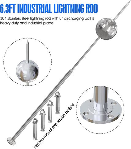 Lightning Dissipation System,6.3ft Industrial Lightning Rod Grounding Kit Great for House Roof,Power Plants, Signal Tower,and Farm Land (75 Inch (1900mm), EAVE Mount) in Saudi Arabia