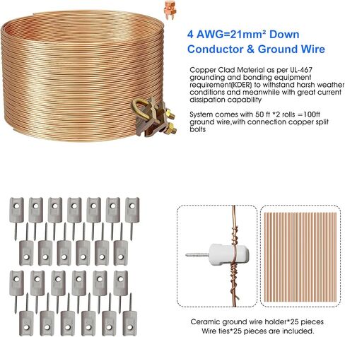 Lightning Dissipation System,6.3ft Industrial Lightning Rod Grounding Kit Great for House Roof,Power Plants, Signal Tower,and Farm Land (75 Inch (1900mm), EAVE Mount) in Saudi Arabia
