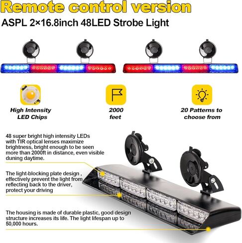 aspl 2x16.8 بوصة مستشار المرور أضواء الطوارئ القوية مع التحكم 48led وامض تحذير شريط ضوء الزجاج الأمامي الداخلي مع 4 أكواب شفط فراغ داش LED للشاحنات والمركبات (العنبر / الأبيض) in Kuwait