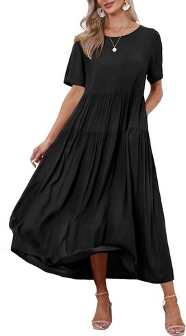 فستان YESNO نسائي فضفاض بوهيمي منقوش عليه زهور مع جيوب وأكمام قصيرة وطويلة للصيف فساتين سوينغ للشاطئ 3XL EJF الصلبة P أسود in Kuwait