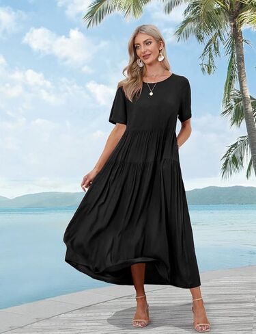 فستان YESNO نسائي فضفاض بوهيمي منقوش عليه زهور مع جيوب وأكمام قصيرة وطويلة للصيف فساتين سوينغ للشاطئ 3XL EJF الصلبة P أسود in Kuwait